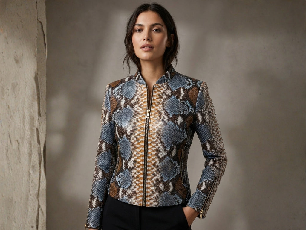 Blue and brown snakeskin leather jacket with front zip, stand collar, and fitted waist.