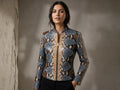 Blue and brown snakeskin leather jacket with front zip, stand collar, and fitted waist.