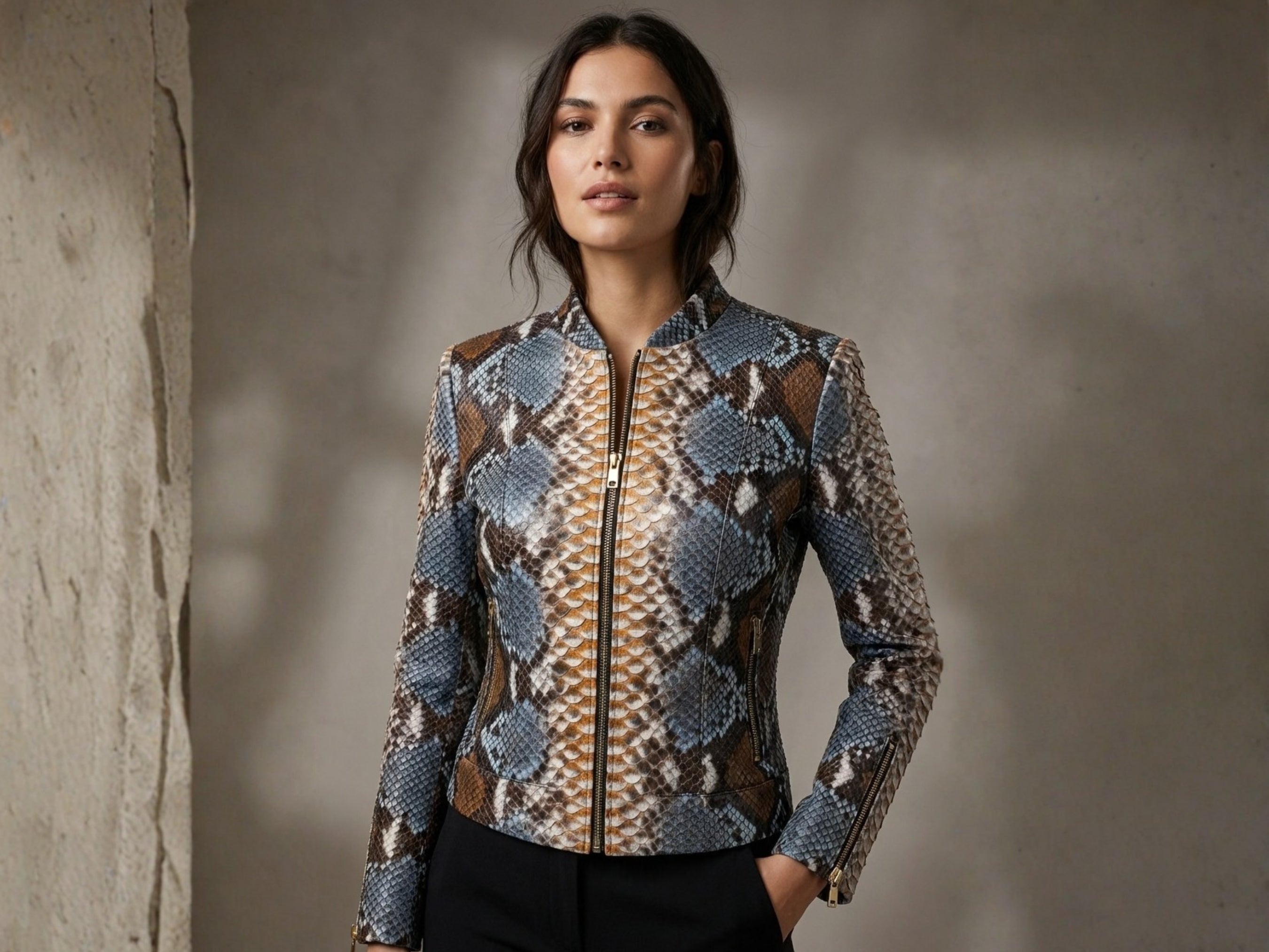 Blue and brown snakeskin leather jacket with front zip, stand collar, and fitted waist.