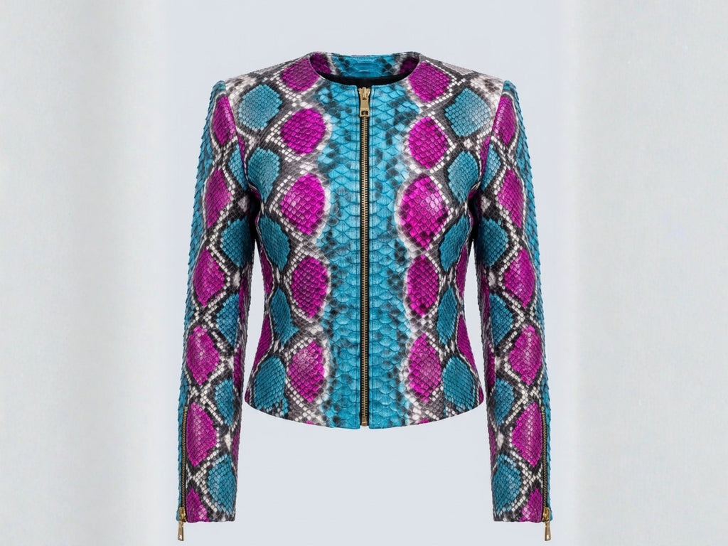 Multi-color snakeskin biker leather jacket, front view, zip and stand collar