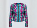 Multi-color snakeskin biker leather jacket, front view, zip and stand collar