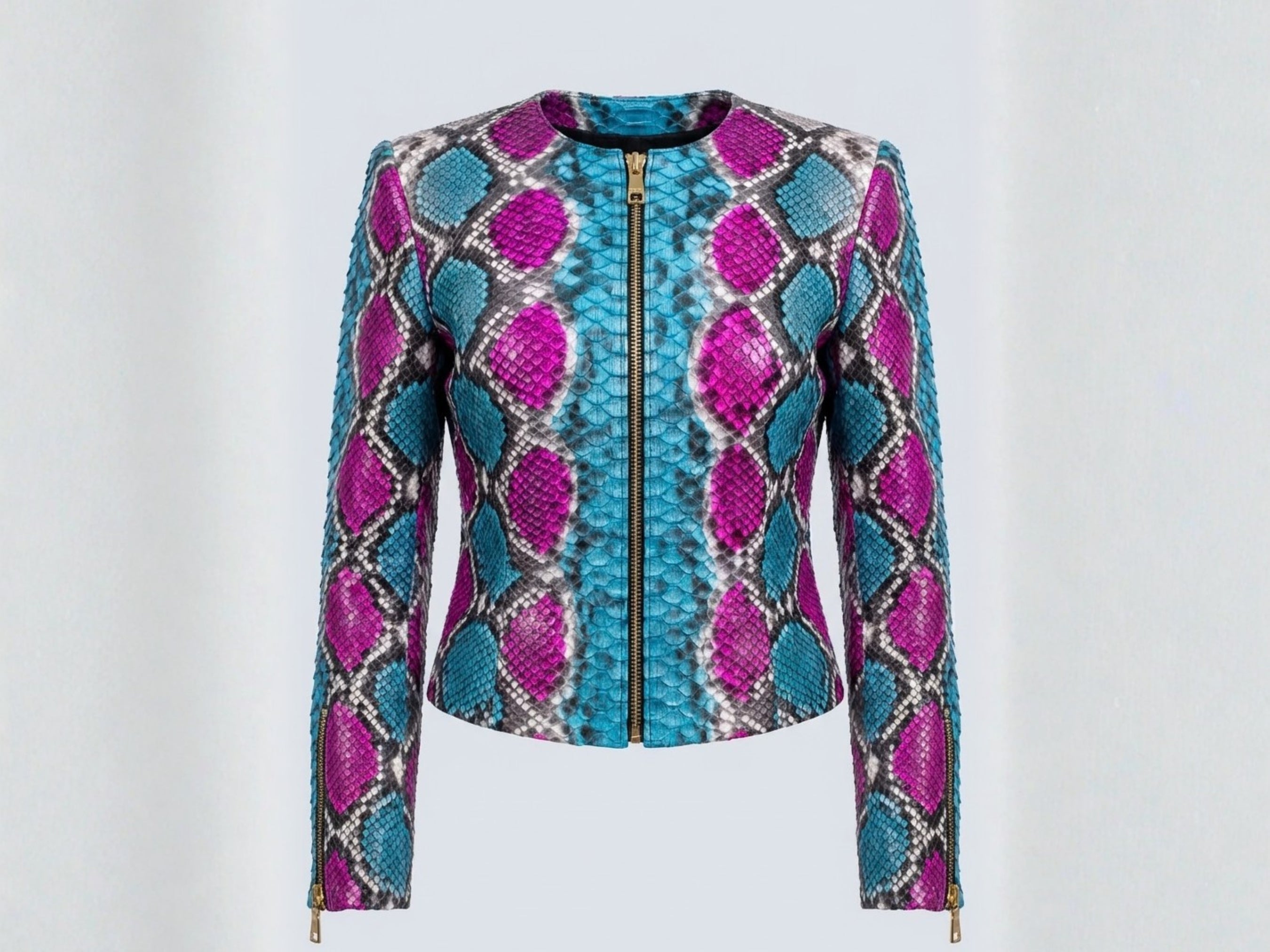 Multi-color snakeskin biker leather jacket, front view, zip and stand collar