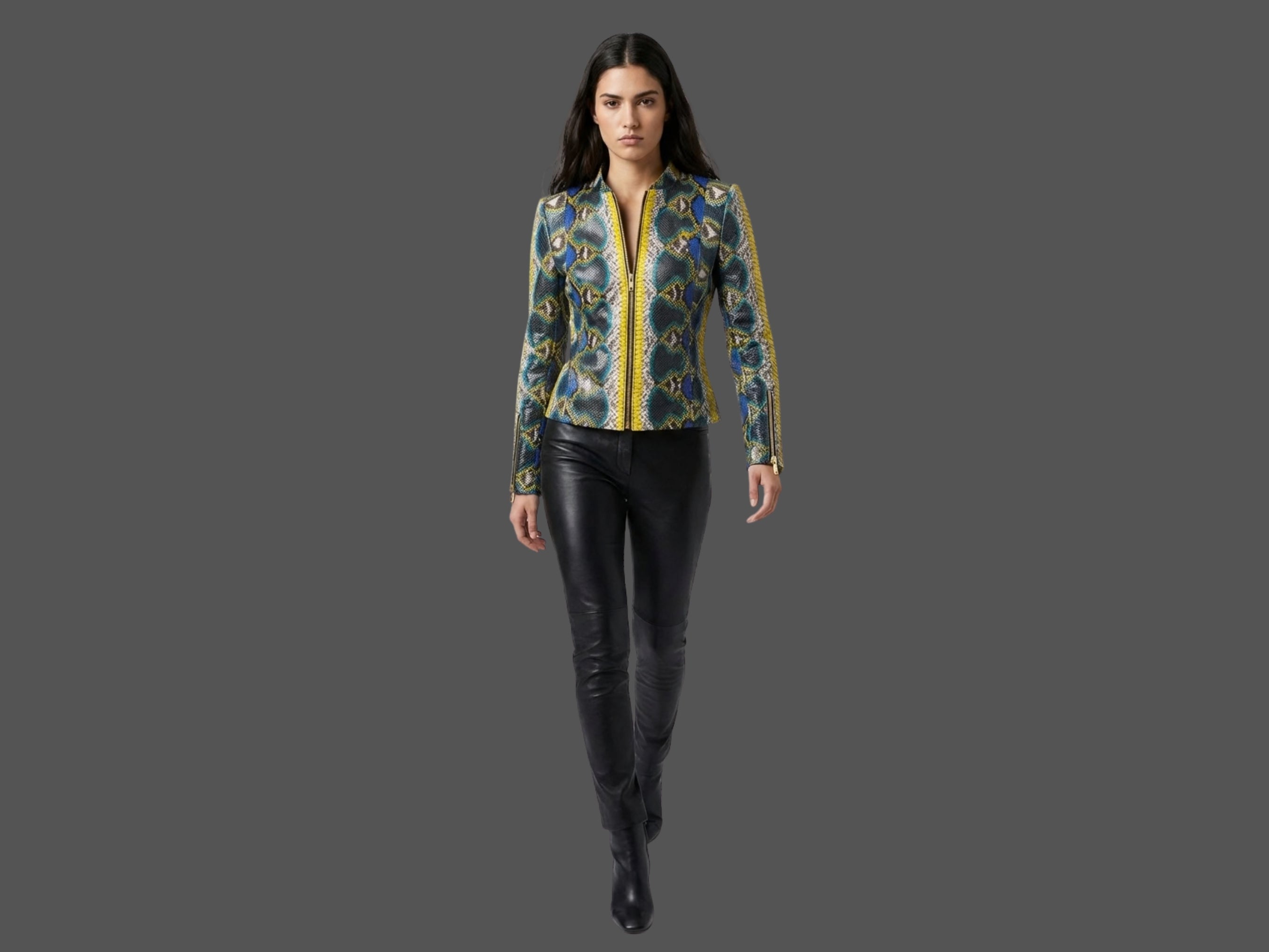 Multi-color snakeskin leather jacket with zip-front and long sleeves