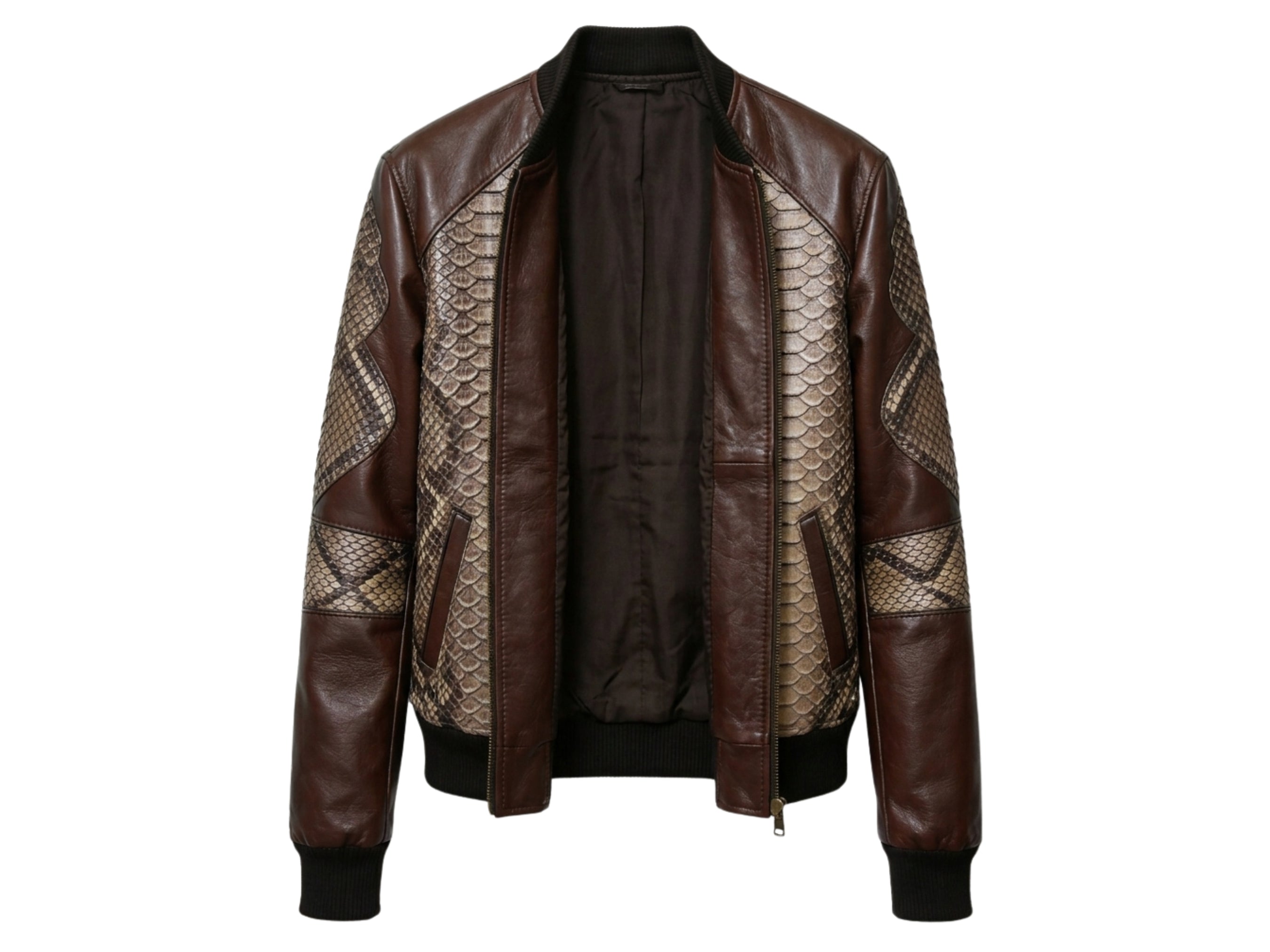 Men's bomber jacket back view: dark brown leather with snakeskin-patterned panel sections.