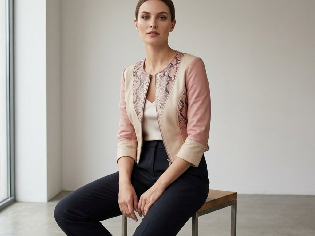 Snakeskin-print leather bolero jacket in blush pink and cream, front zip