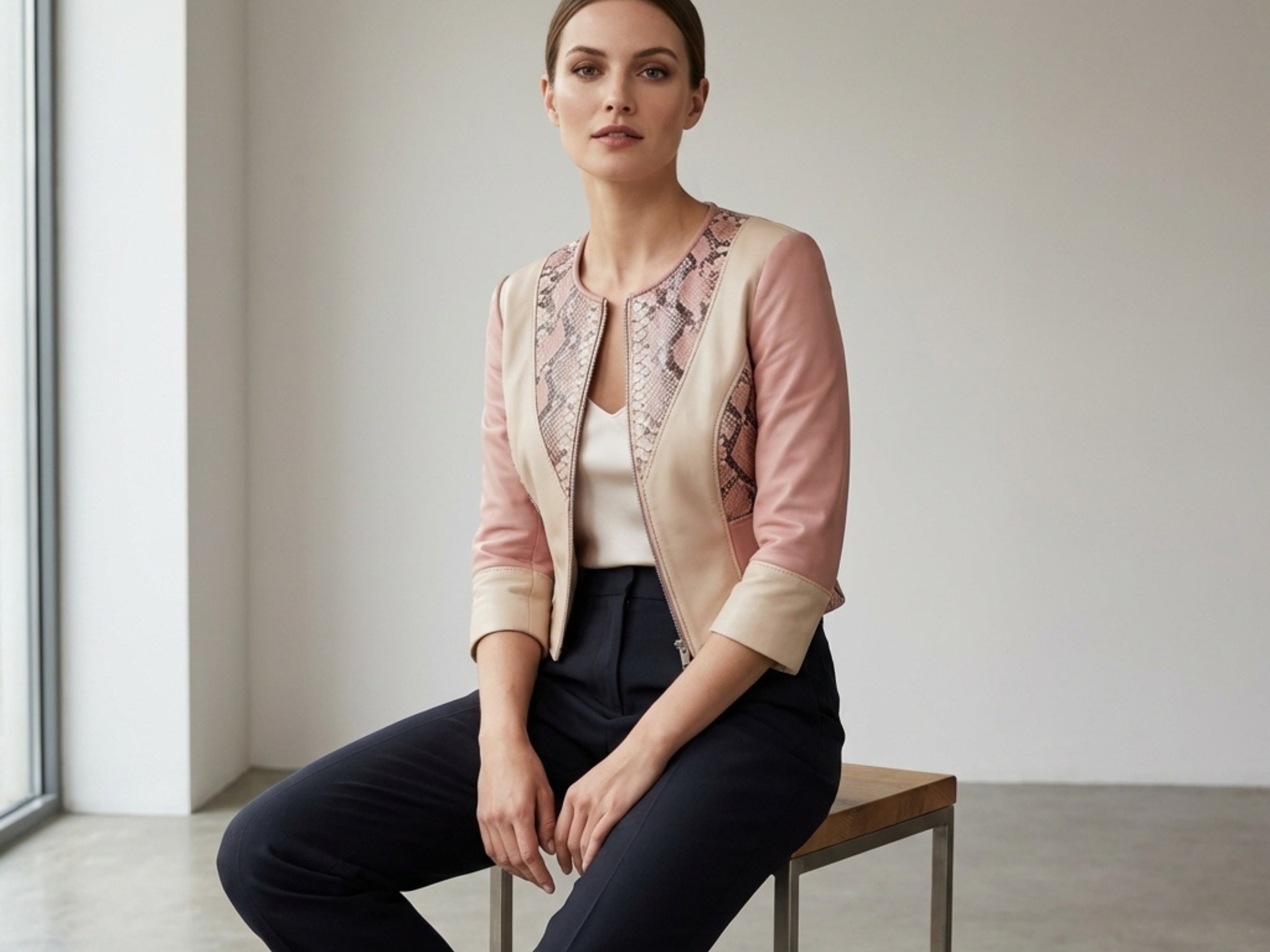 Snakeskin-print leather bolero jacket in blush pink and cream, front zip