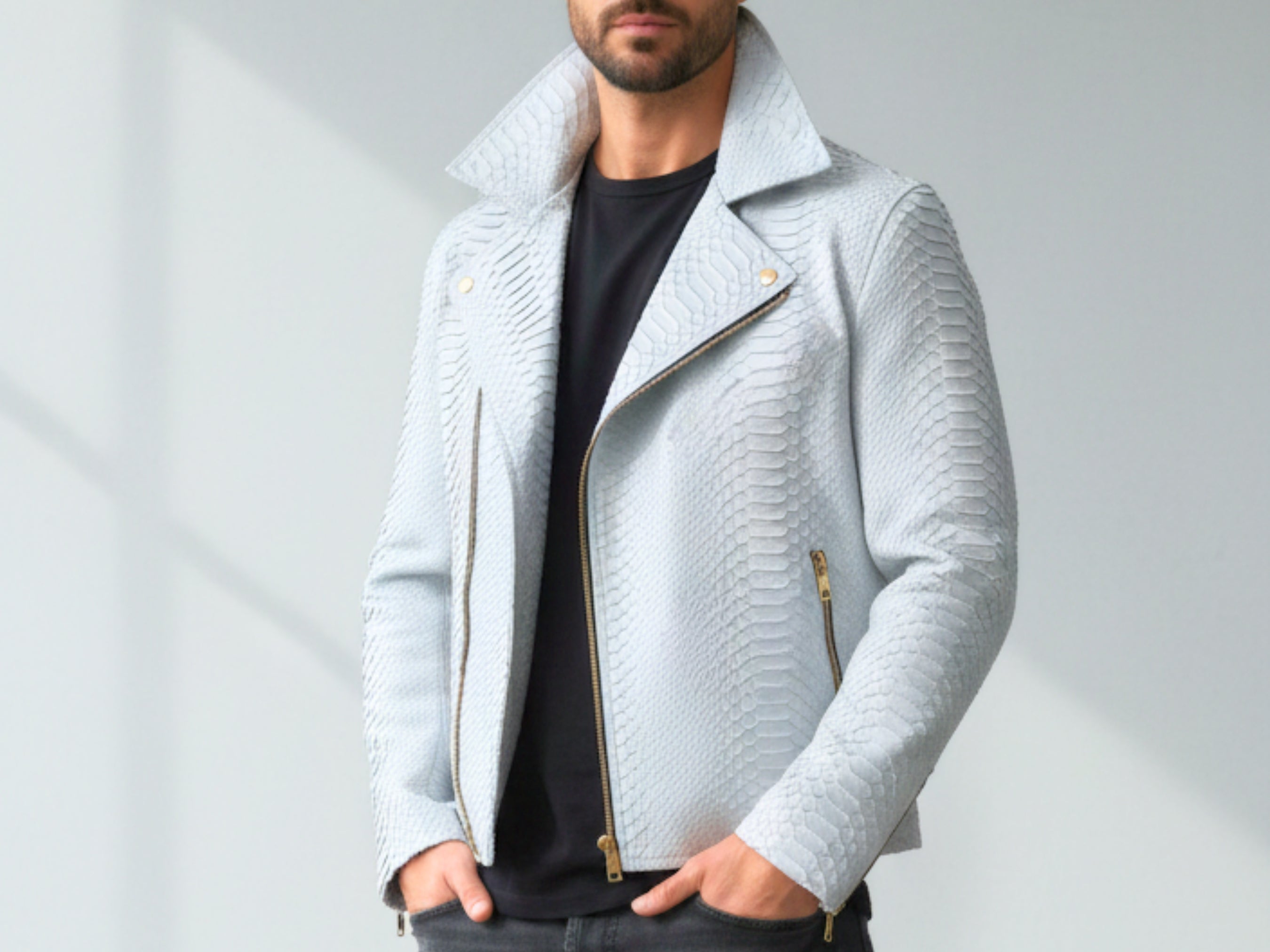 Light blue python-textured biker jacket front view with open zip and stand collar