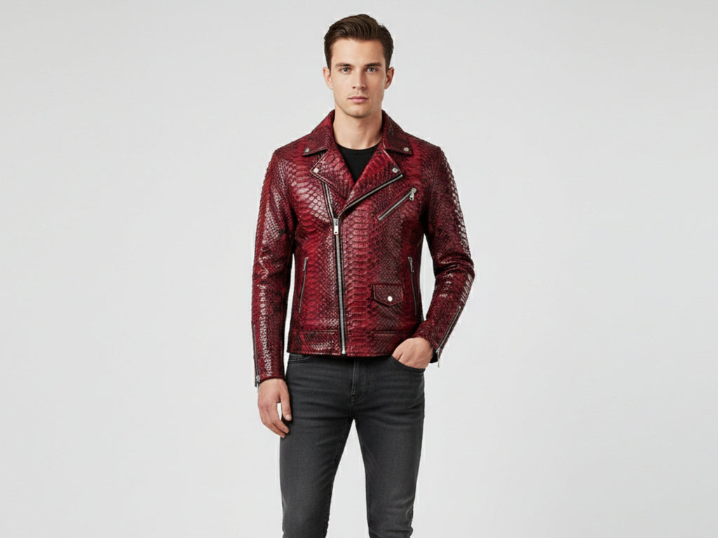 Red python snakeskin biker jacket with asymmetrical front zipper and snap lapels