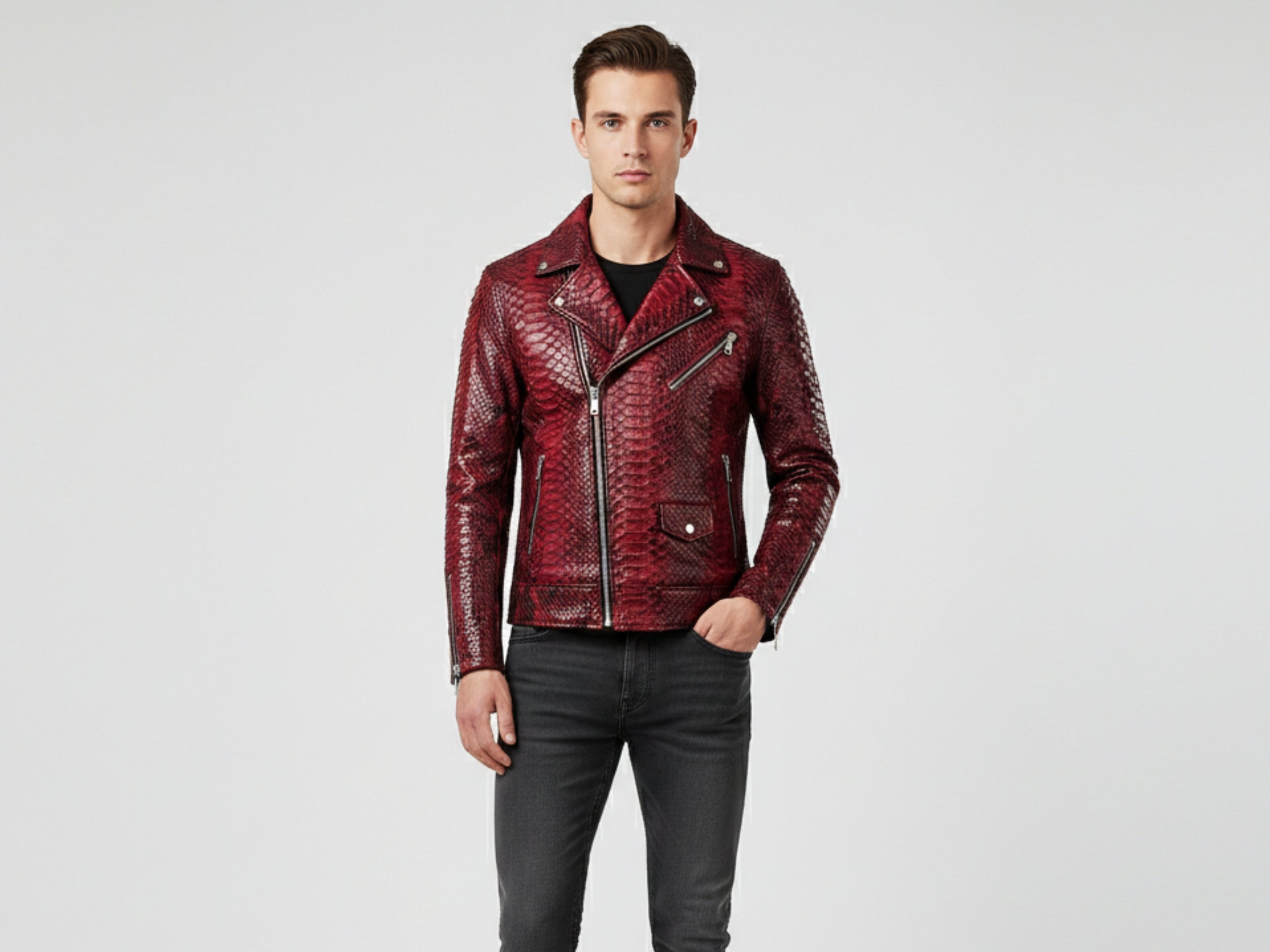 Red python snakeskin biker jacket with asymmetrical front zipper and snap lapels