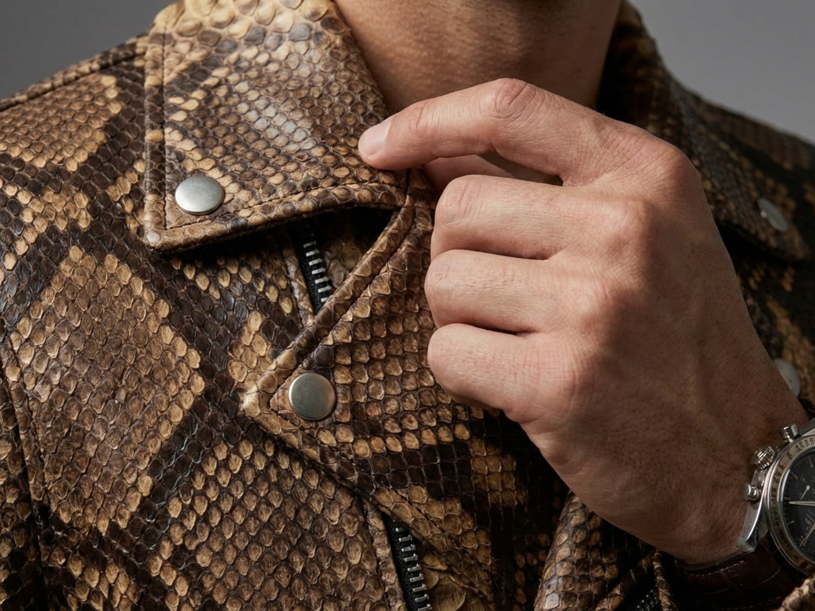Snakeskin leather jacket detail with snap button and zippered chest pocket