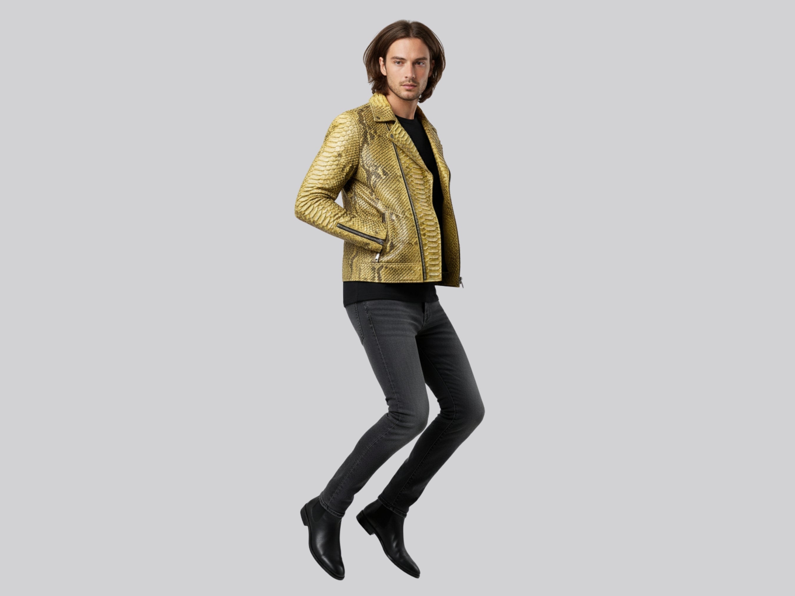 Gold python snakeskin biker jacket in side pose with zip front and slim silhouette.