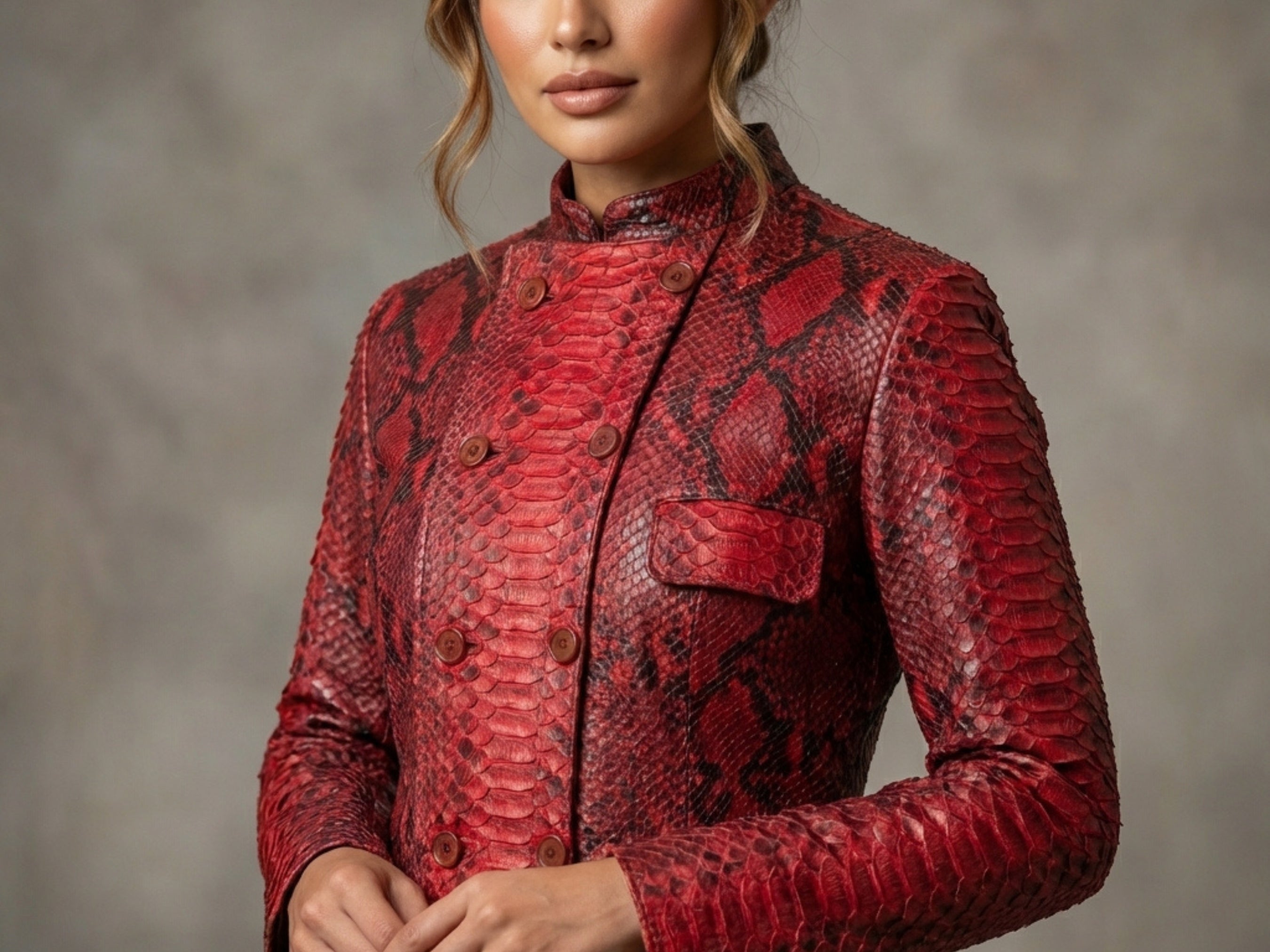 Red snakeskin leather jacket close-up with buttoned stand collar and flap chest pocket