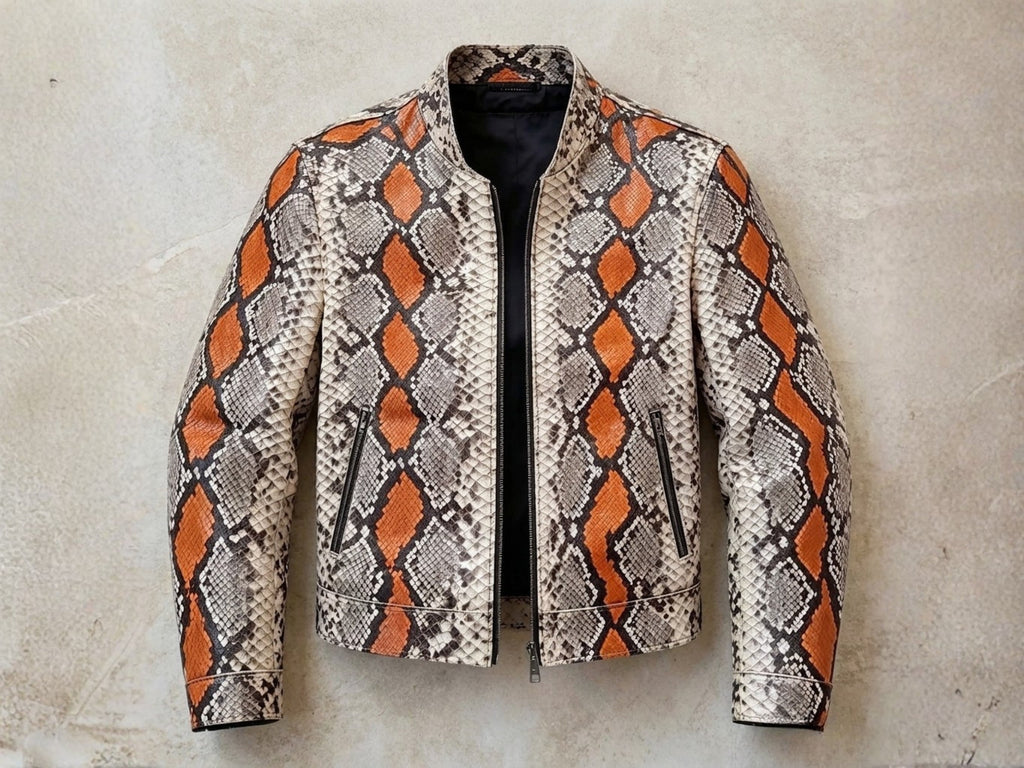 Python snakeskin jacket with orange and black diamond scale pattern, zip-front stand collar