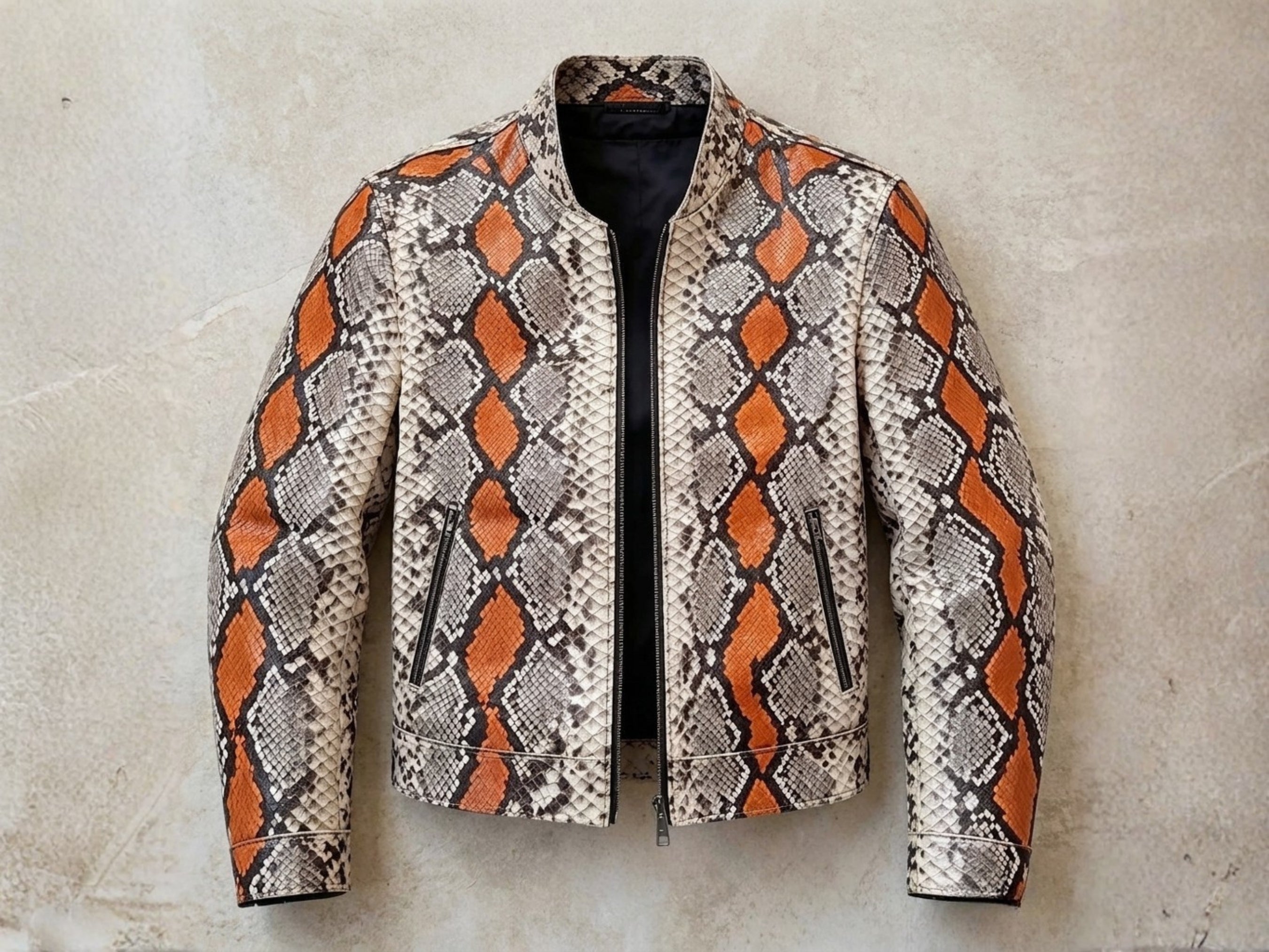 Python snakeskin jacket with orange and black diamond scale pattern, zip-front stand collar