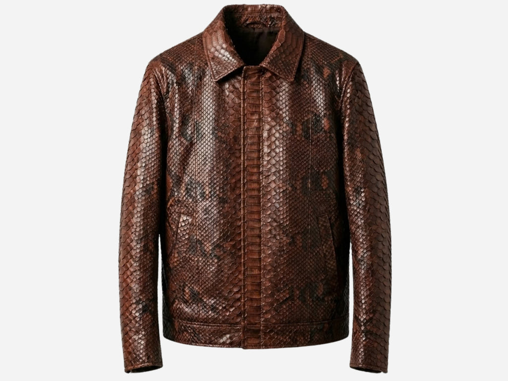 Brown python snakeskin jacket, zip-front with stand collar and long sleeves