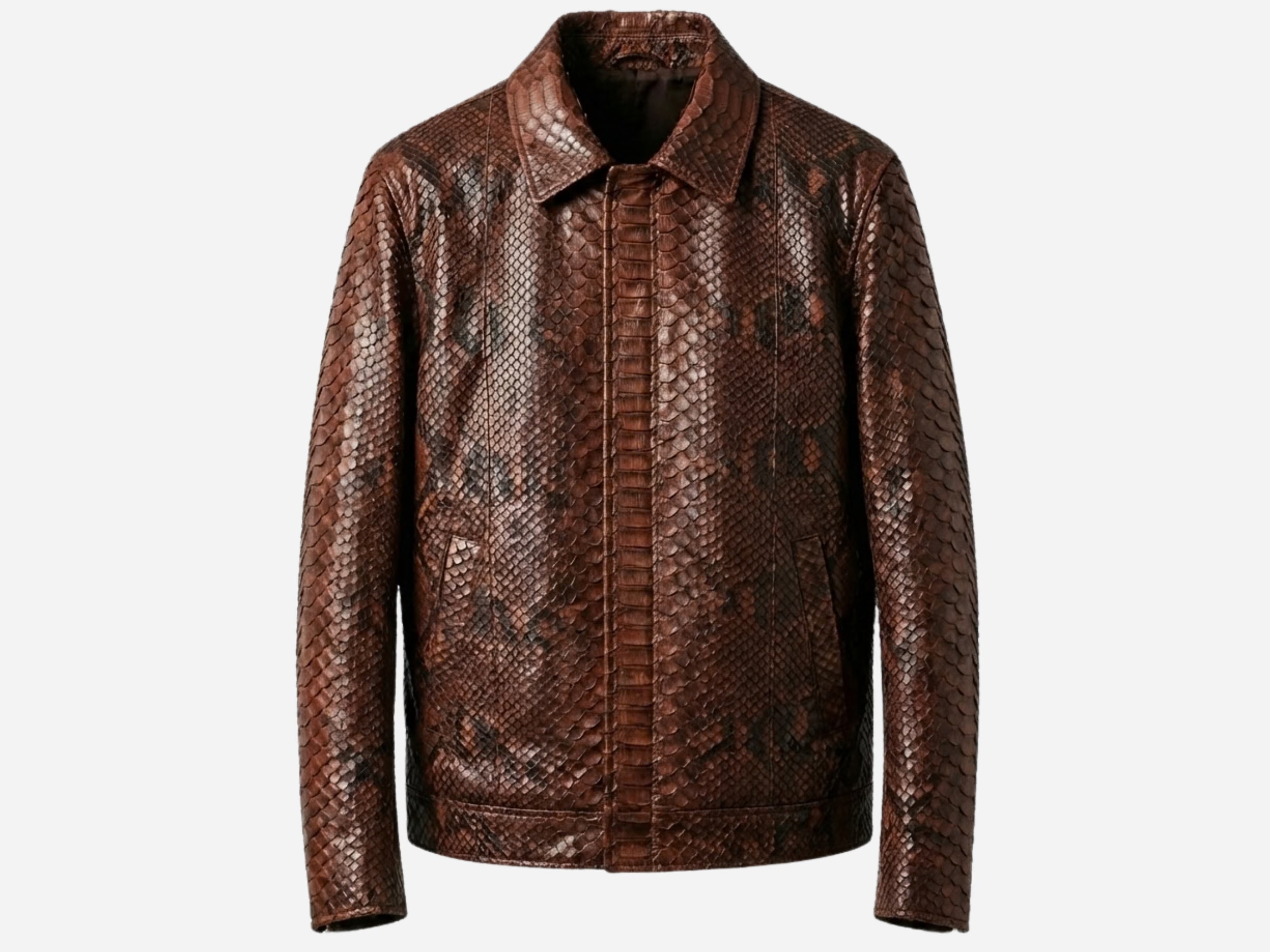 Brown python snakeskin jacket, zip-front with stand collar and long sleeves