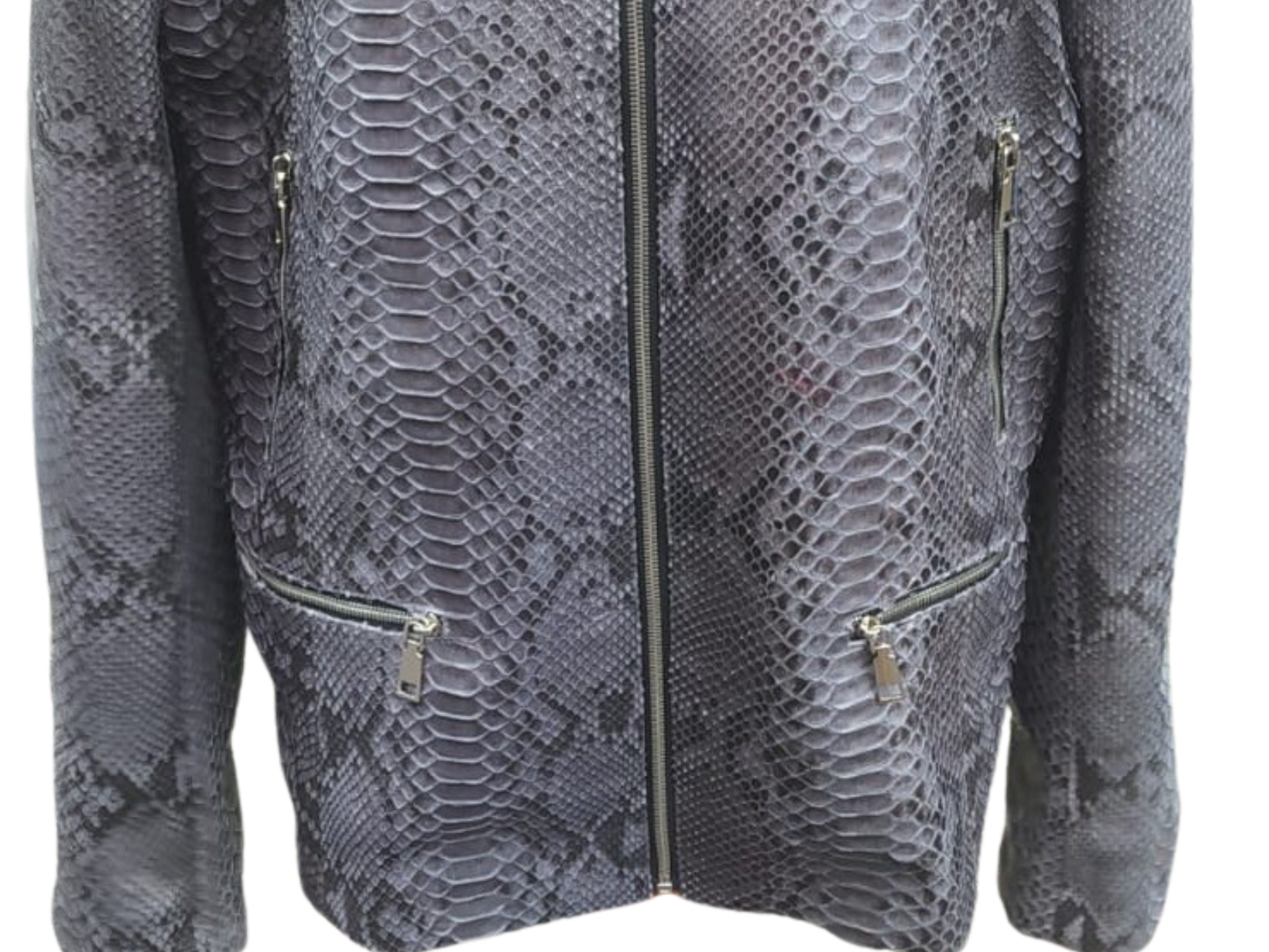 Dark grey snakeskin leather jacket front with central zipper and two chest zip pockets