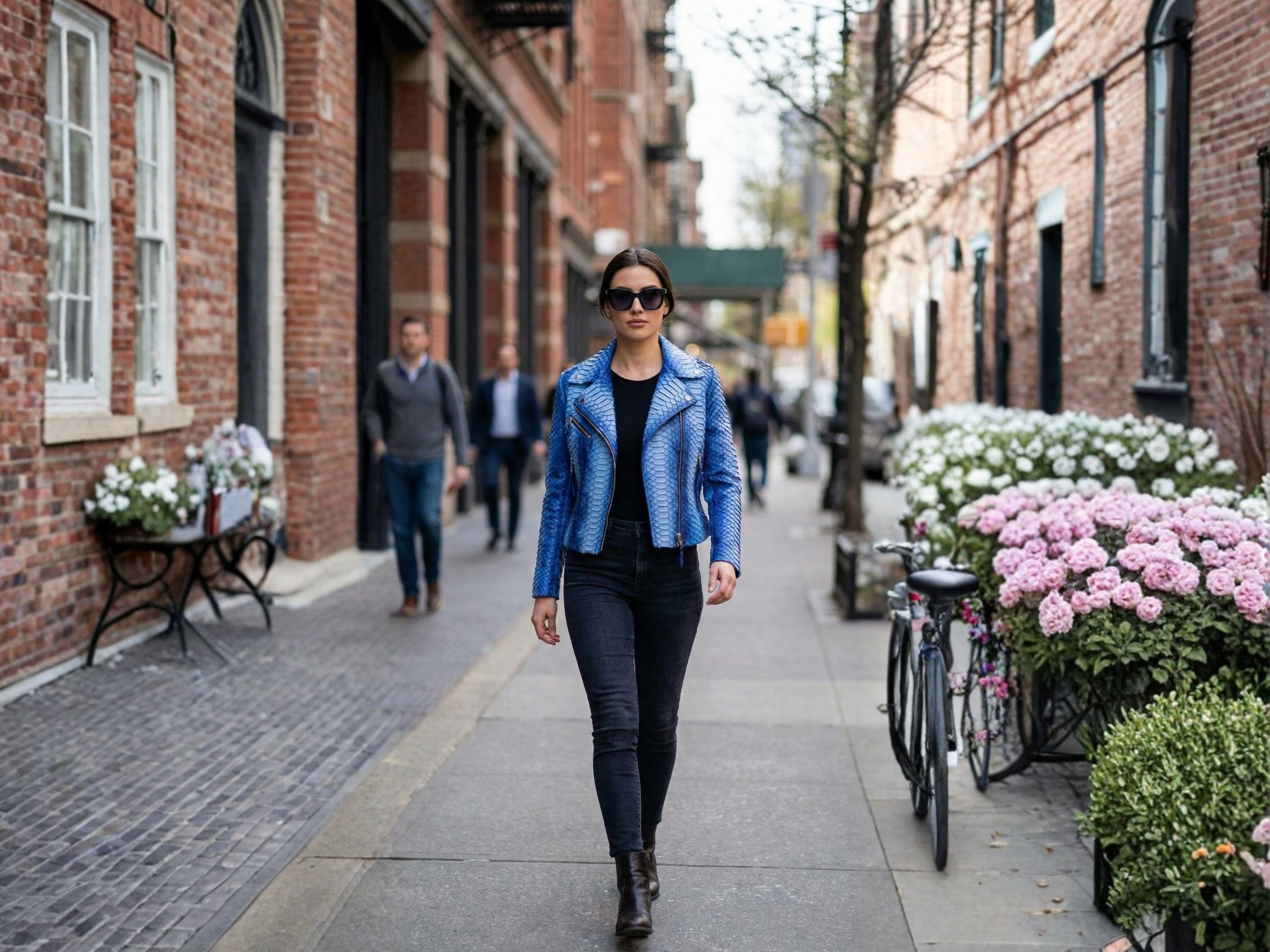 Blue snakeskin-effect biker jacket on model: asym zip front and notched lapels.