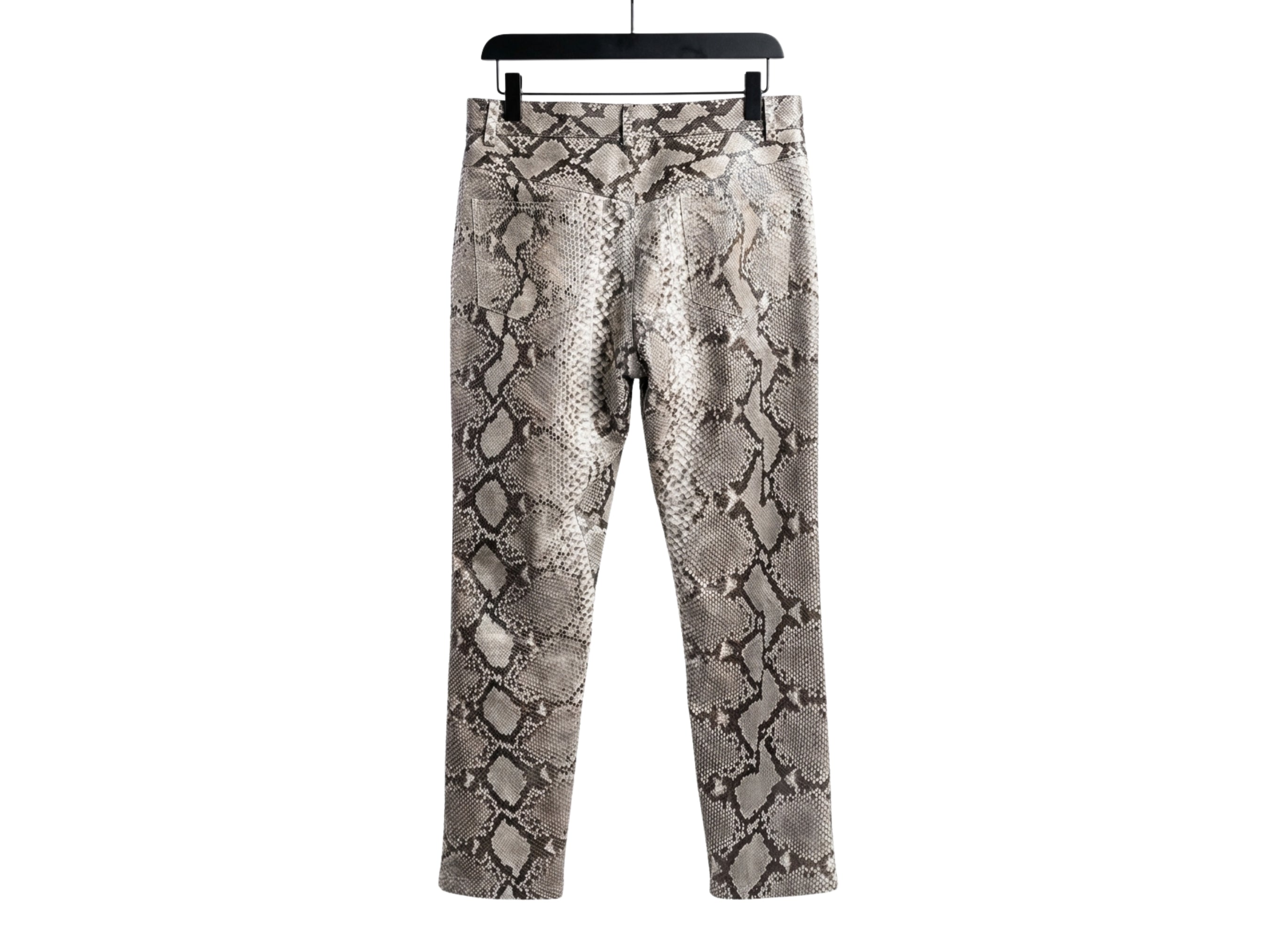 Natural gray python snakeskin pants back view with straight legs and textured pattern