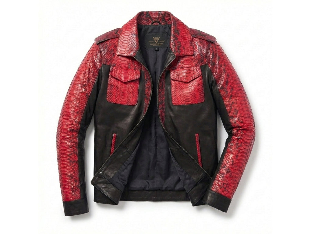 Red textured snakeskin-style jacket with black front panels, chest pockets, and zipper closure