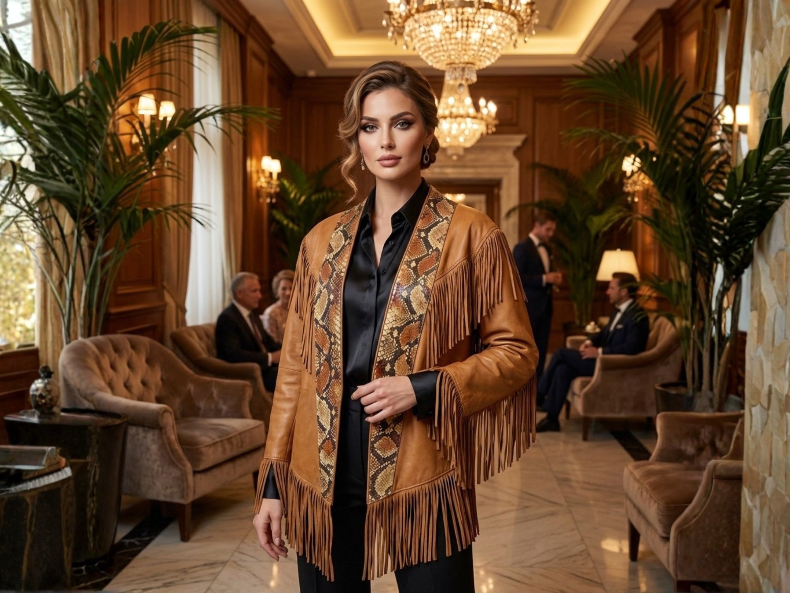 Brown suede fringe cape jacket with snakeskin-print front, worn open at chest