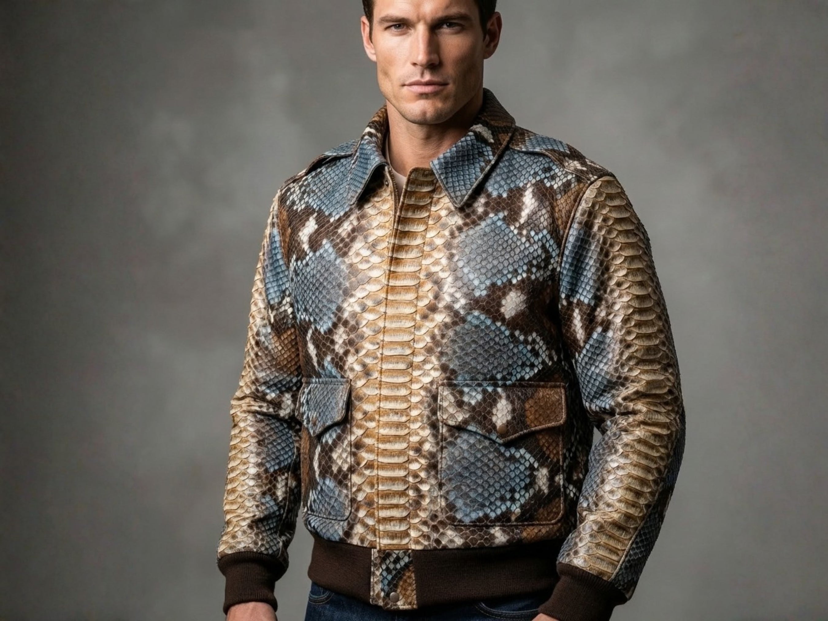 Men's snakeskin-pattern bomber jacket with ribbed collar and cuffs, front view