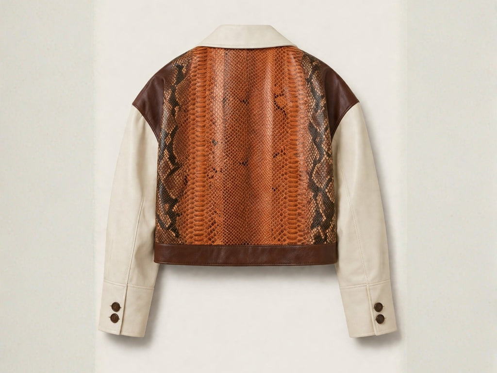 Back view blazer in cream with brown-and-cognac snakeskin panel across shoulders