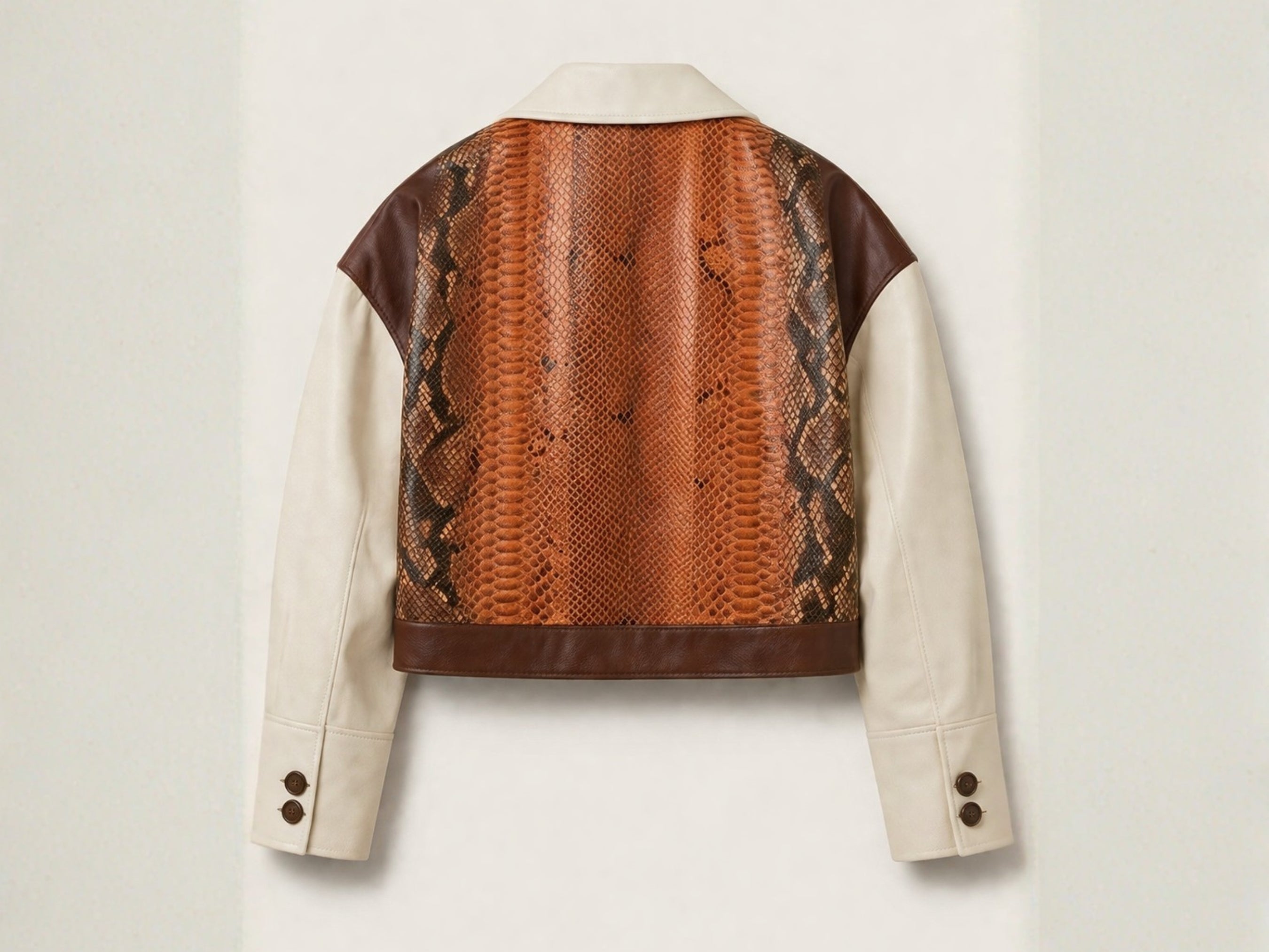 Back view blazer in cream with brown-and-cognac snakeskin panel across shoulders