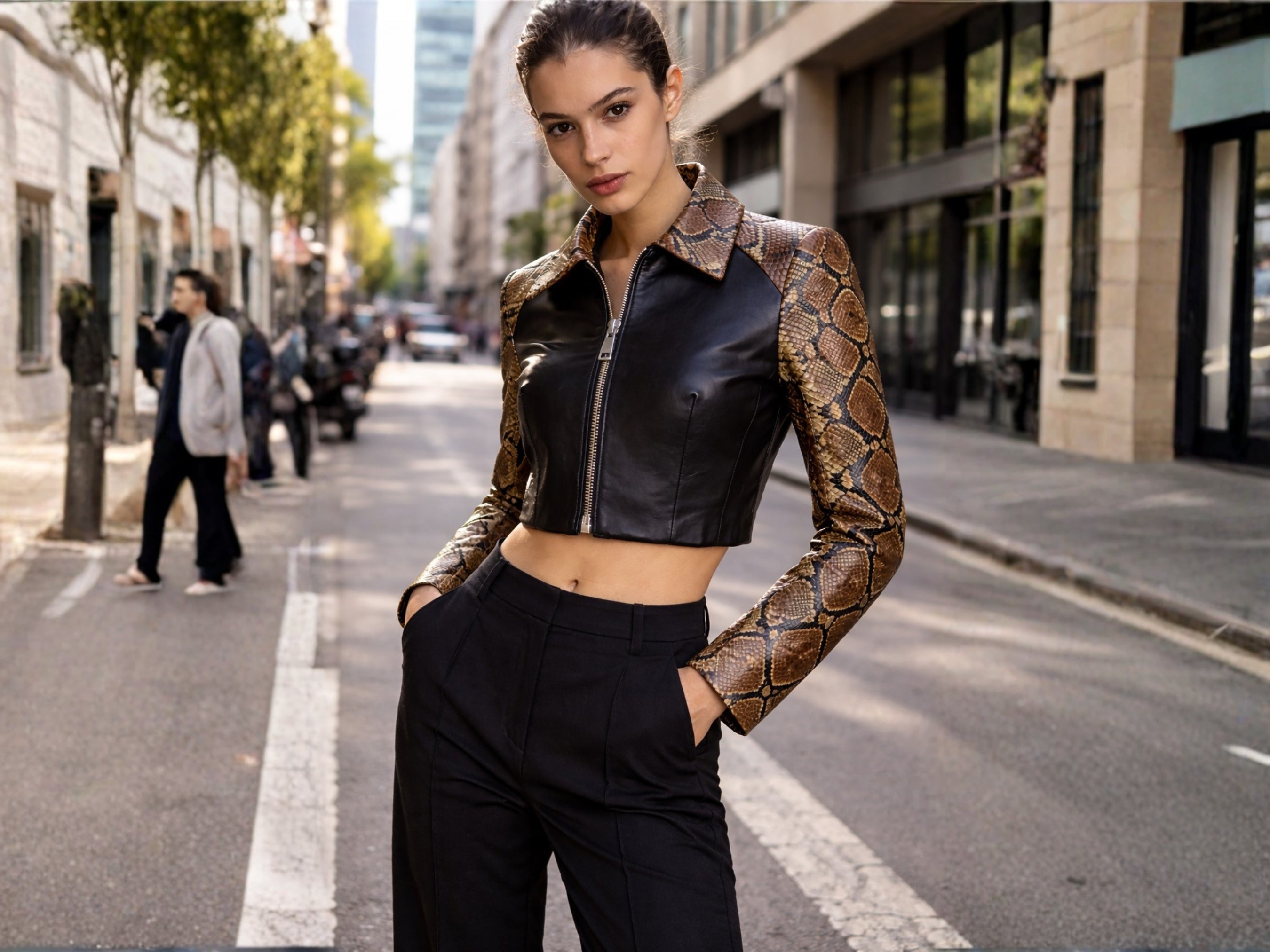 Cropped motorcycle jacket in black with brown snakeskin sleeves and stand collar, zipped.