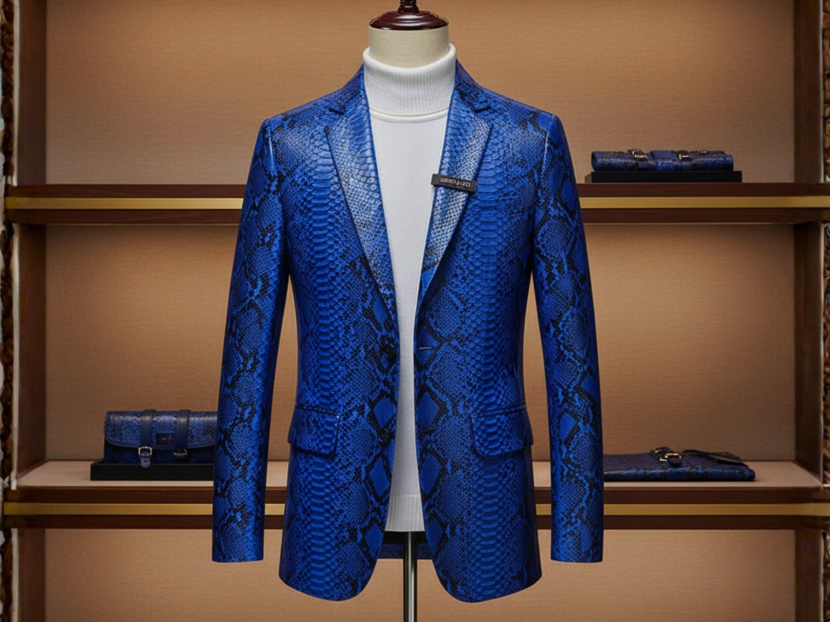 Men's blue snakeskin blazer with notch lapels and flap chest pocket.