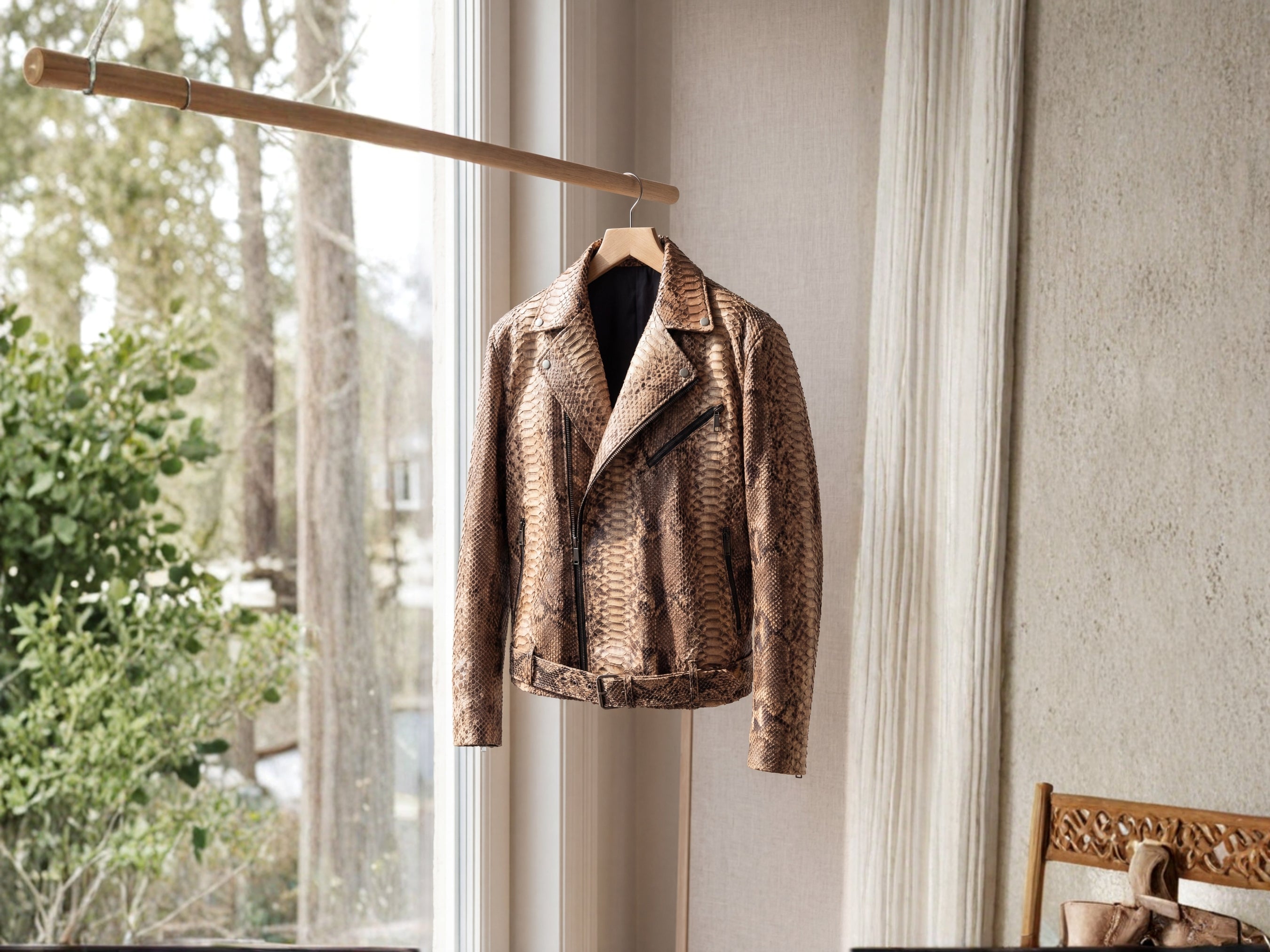 Brown python-effect biker jacket on hanger with collar and zip detail