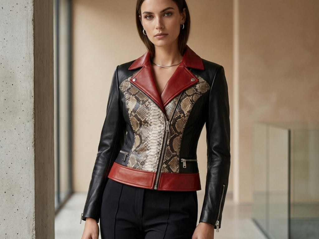 Women’s biker leather jacket, black with red lapels and snakeskin side panels