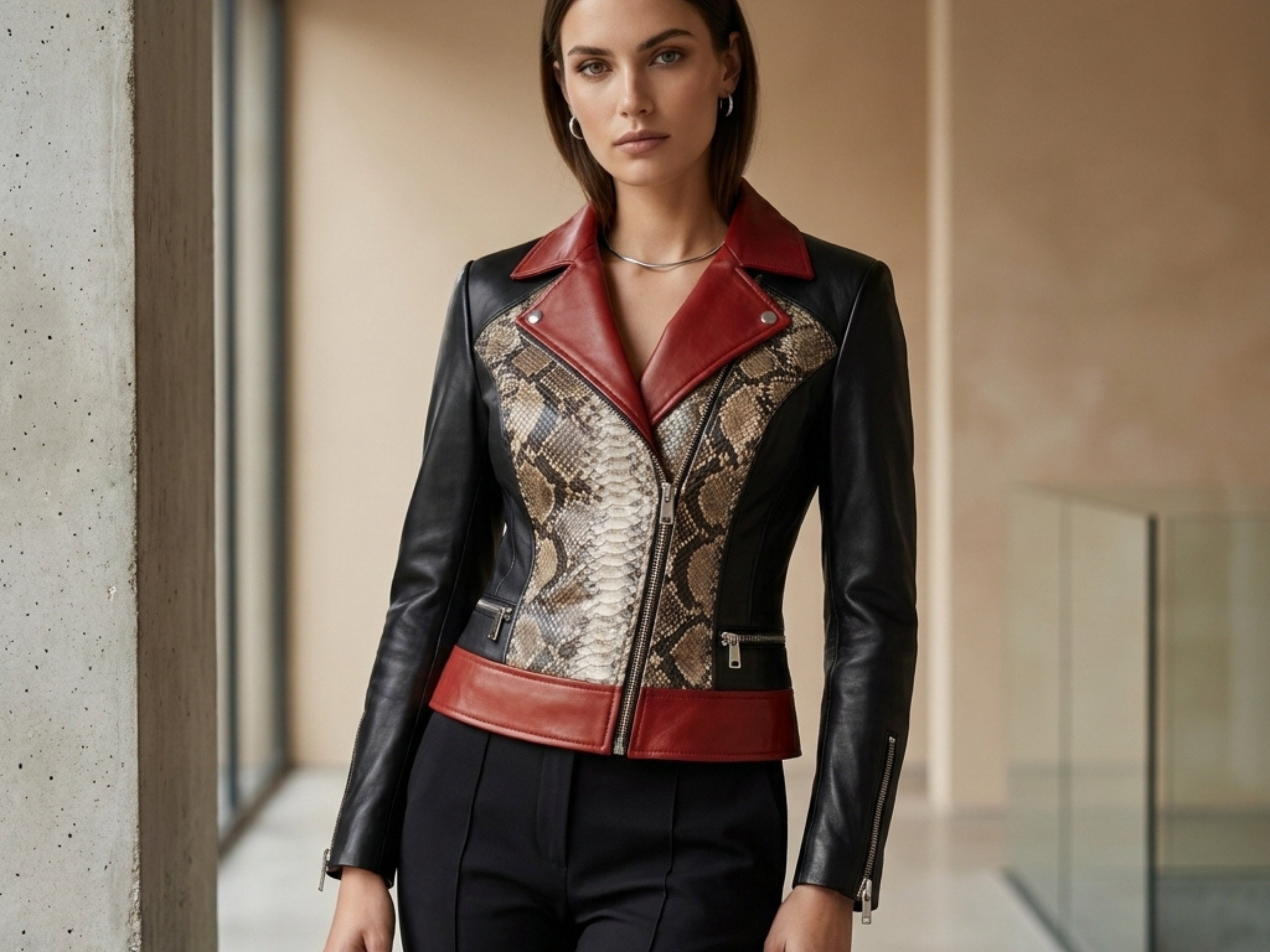 Women’s biker leather jacket, black with red lapels and snakeskin side panels