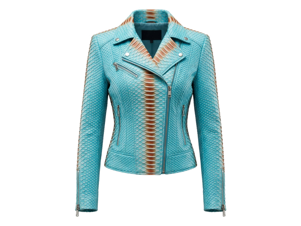 Turquoise snakeskin leather jacket with asymmetrical zip, snap tabs, and slim sleeves