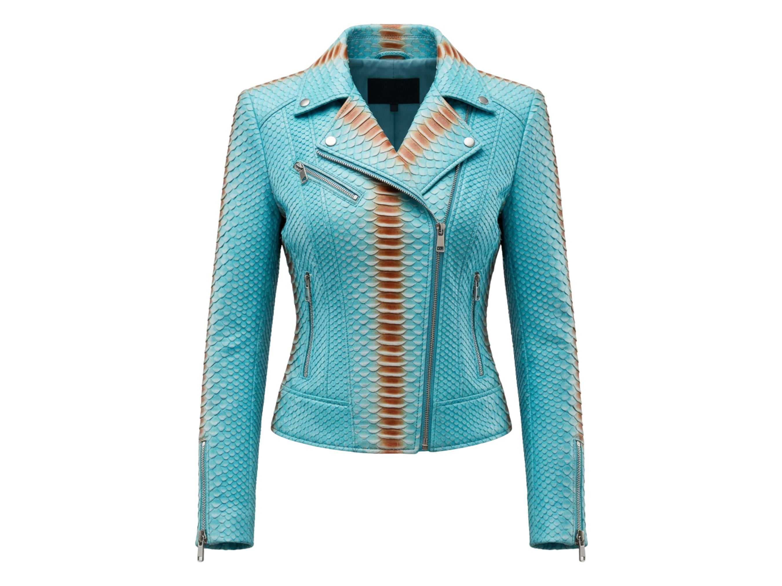 Turquoise snakeskin leather jacket with asymmetrical zip, snap tabs, and slim sleeves