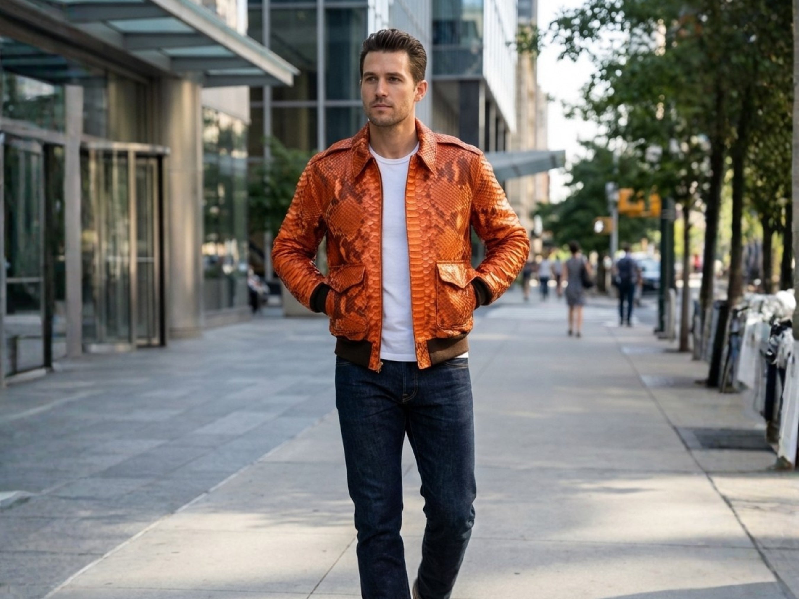 Men's flame orange snakeskin bomber jacket, two flap chest pockets, ribbed hem