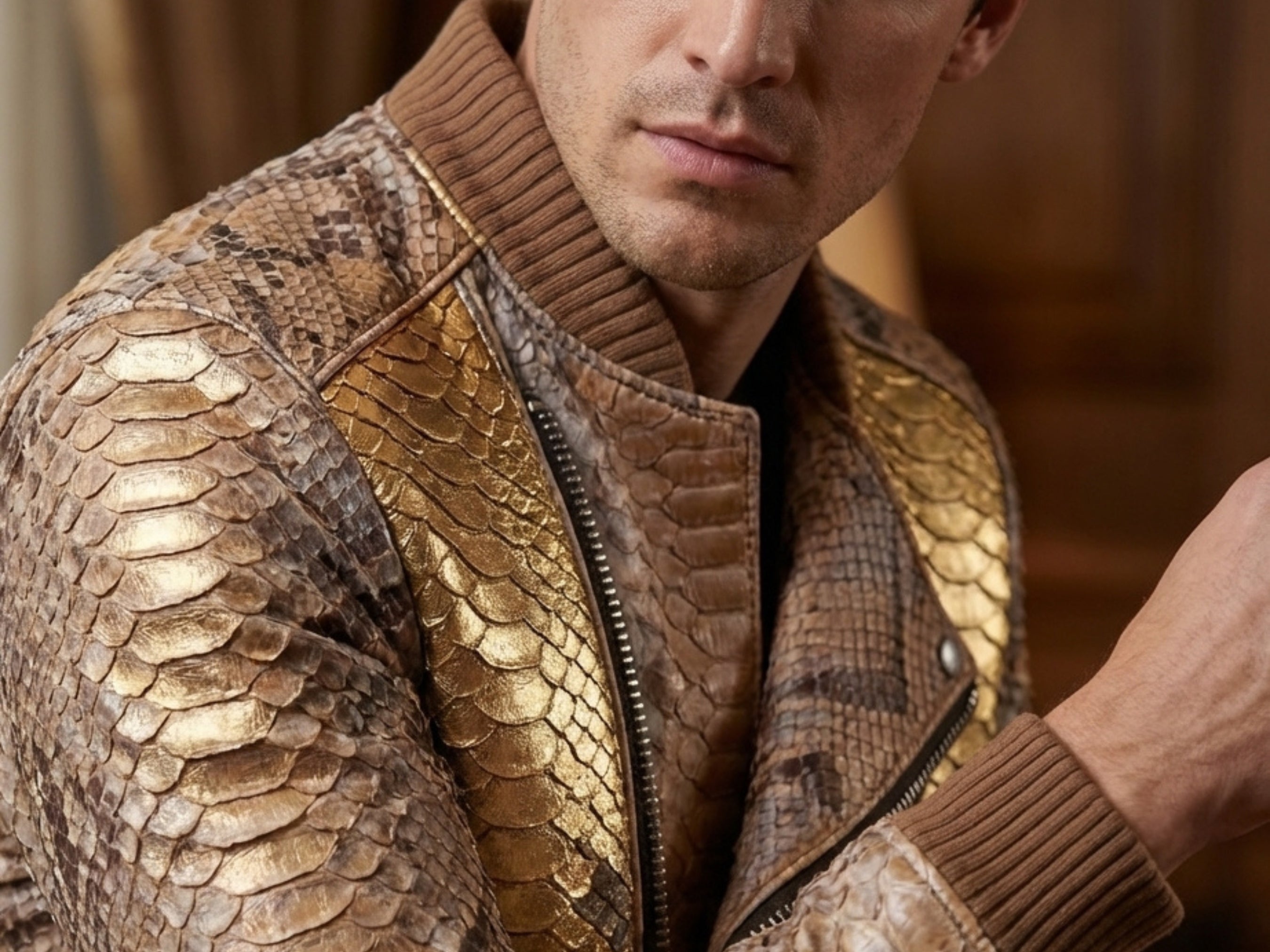 Close-up of gold and brown snakeskin-look biker jacket texture and zip detail