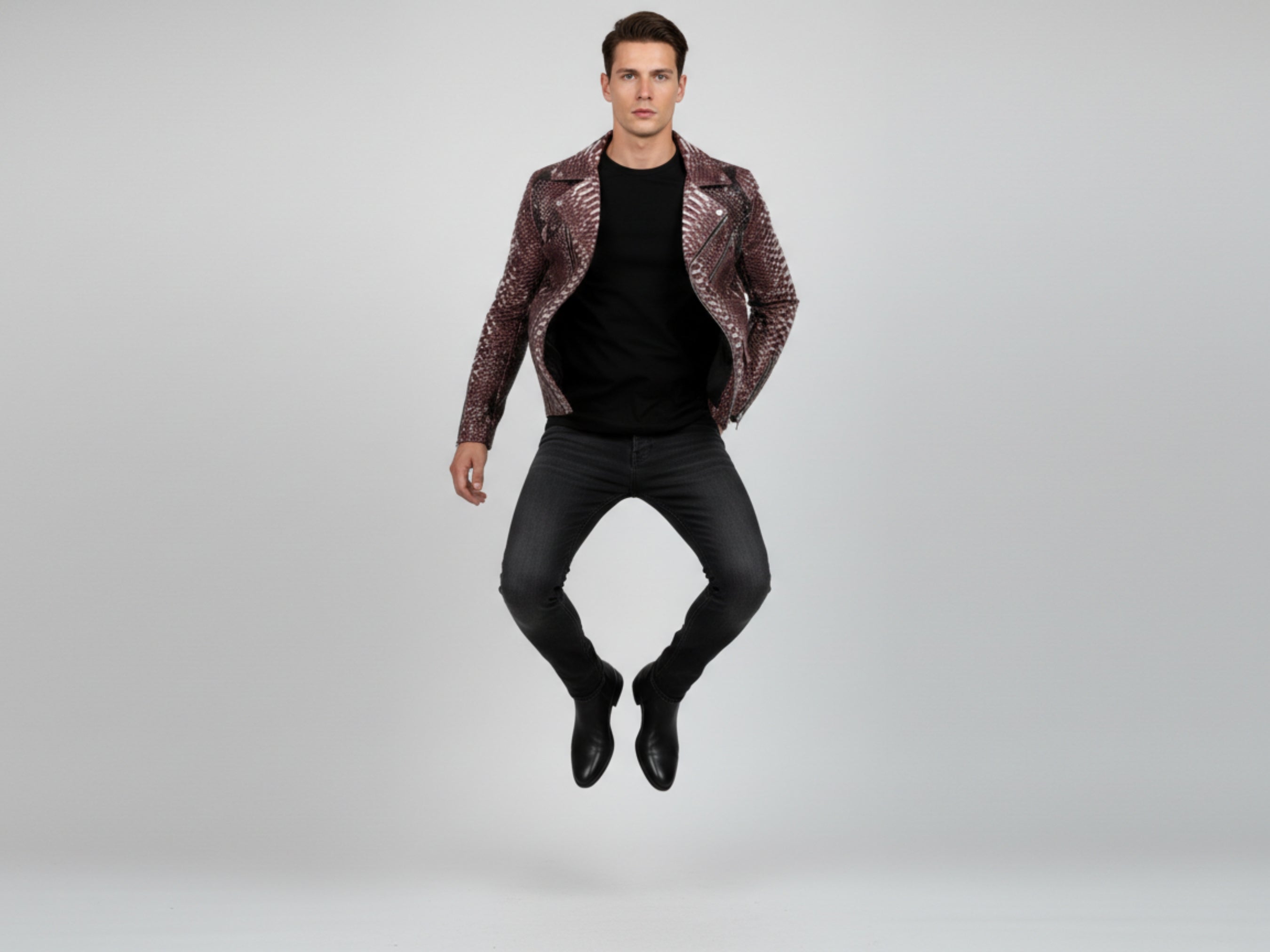 Men's burgundy snakeskin-effect biker jacket with front zip, side pockets, slim fit.