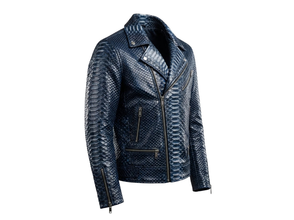 Dark blue python snakeskin biker jacket with asymmetrical front zipper and zip chest pocket.