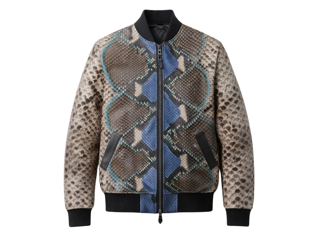 Men’s python snakeskin bomber jacket with blue/teal geometric panel print and zip front