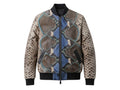 Men’s python snakeskin bomber jacket with blue/teal geometric panel print and zip front