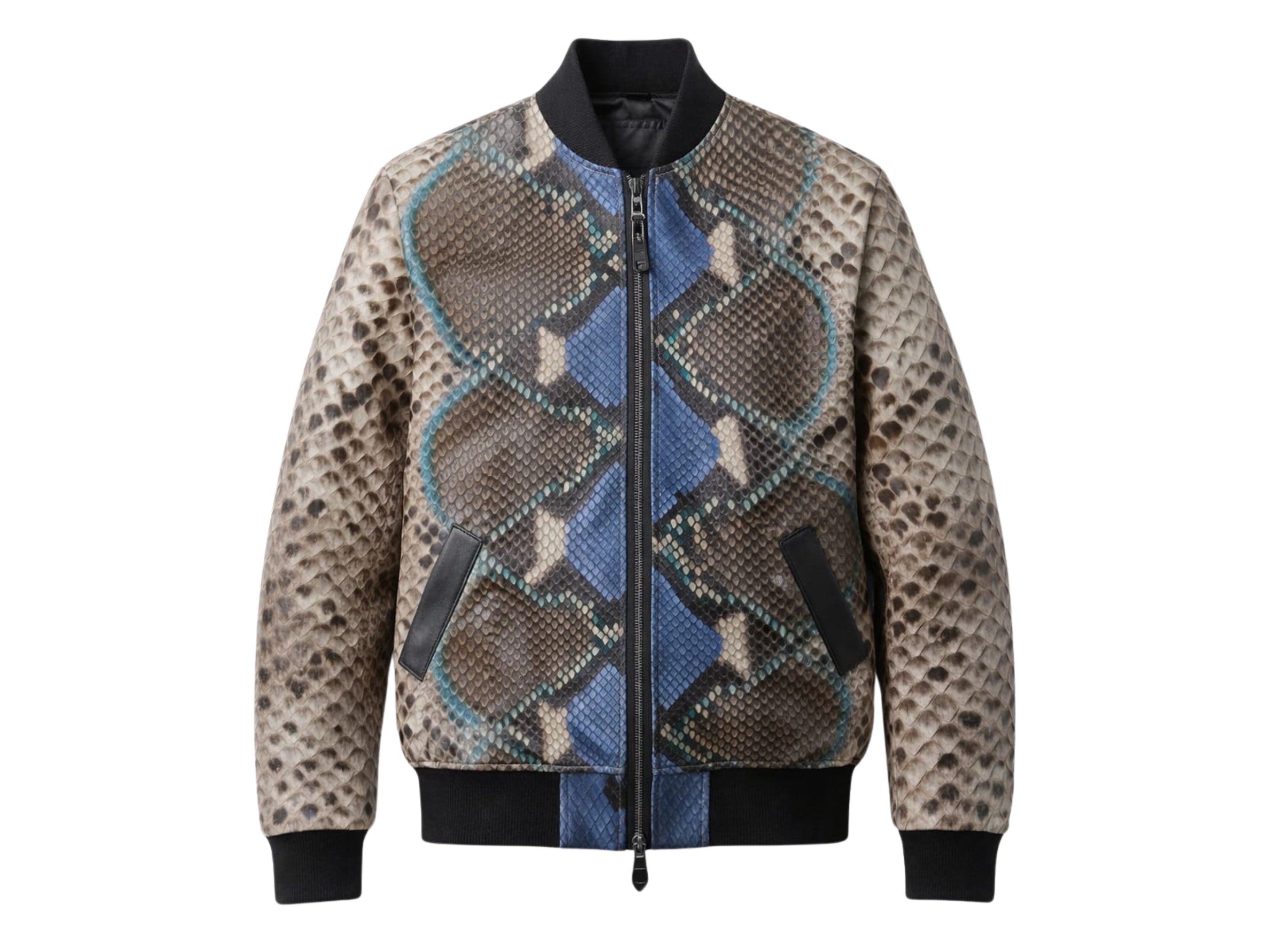 Men’s python snakeskin bomber jacket with blue/teal geometric panel print and zip front