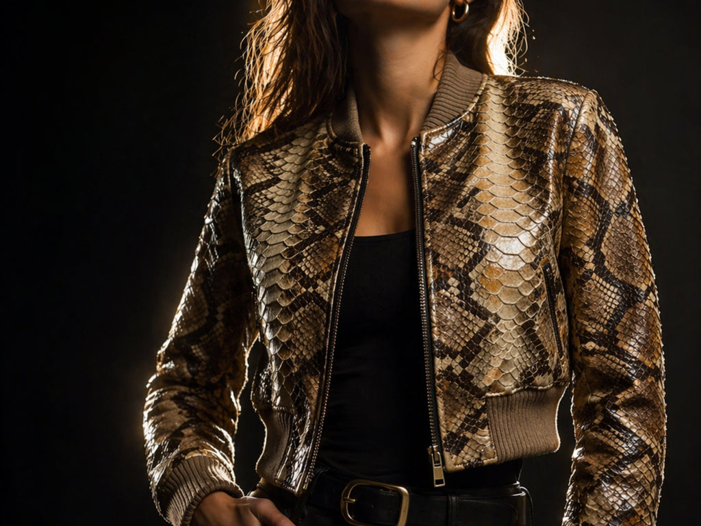 Cropped snakeskin bomber jacket with front zip and ribbed cuffs, worn over black top