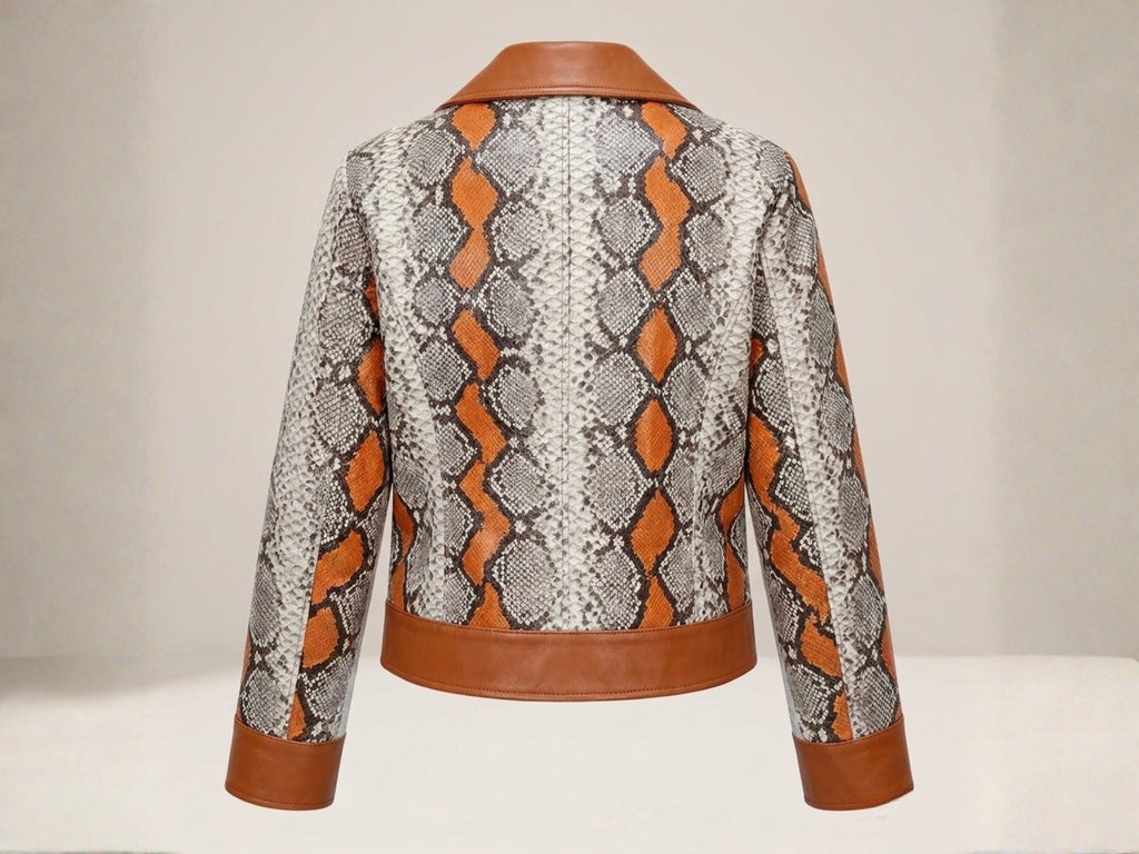 Women’s back view snakeskin biker leather jacket with orange and brown scale pattern.