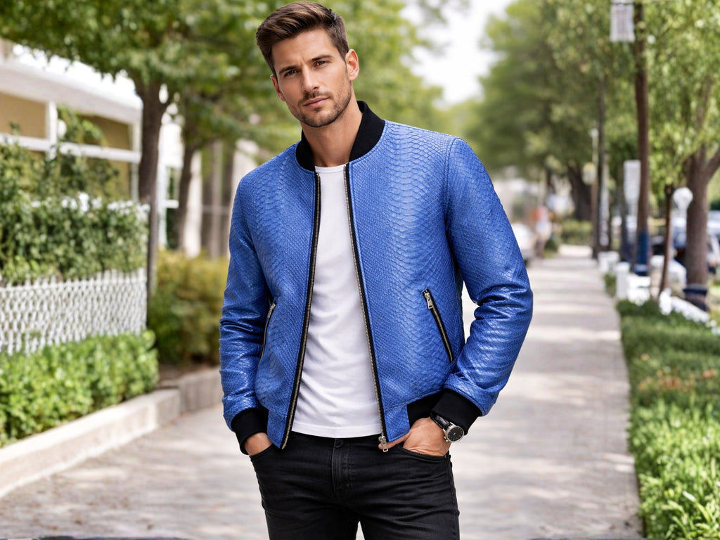 Blue snakeskin-textured bomber jacket with black rib trim, zip front, slim fit