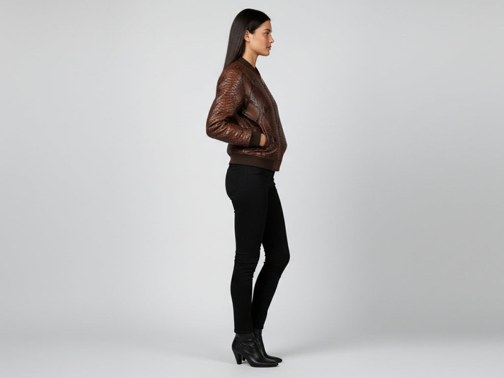 Brown snakeskin leather bomber jacket, back-left side view with ribbed cuffs