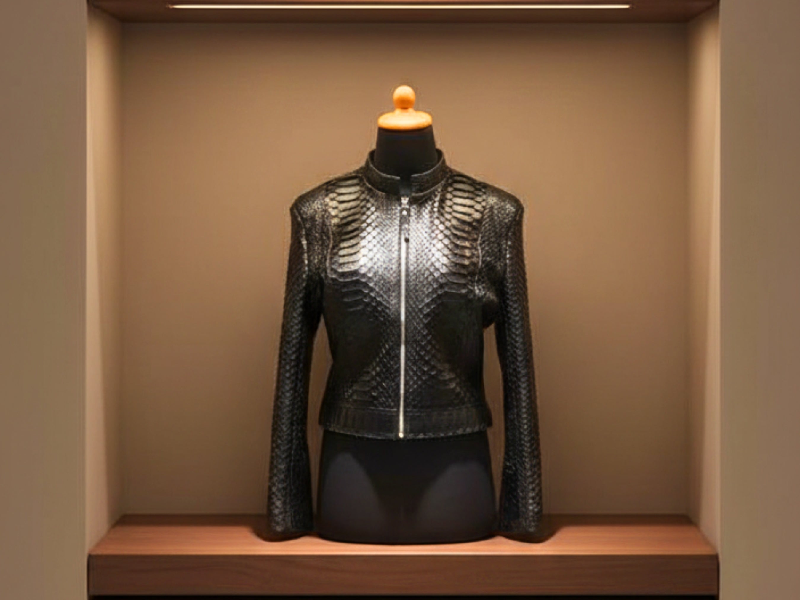 Dark metallic snakeskin leather motorcycle jacket with front zip and stand collar