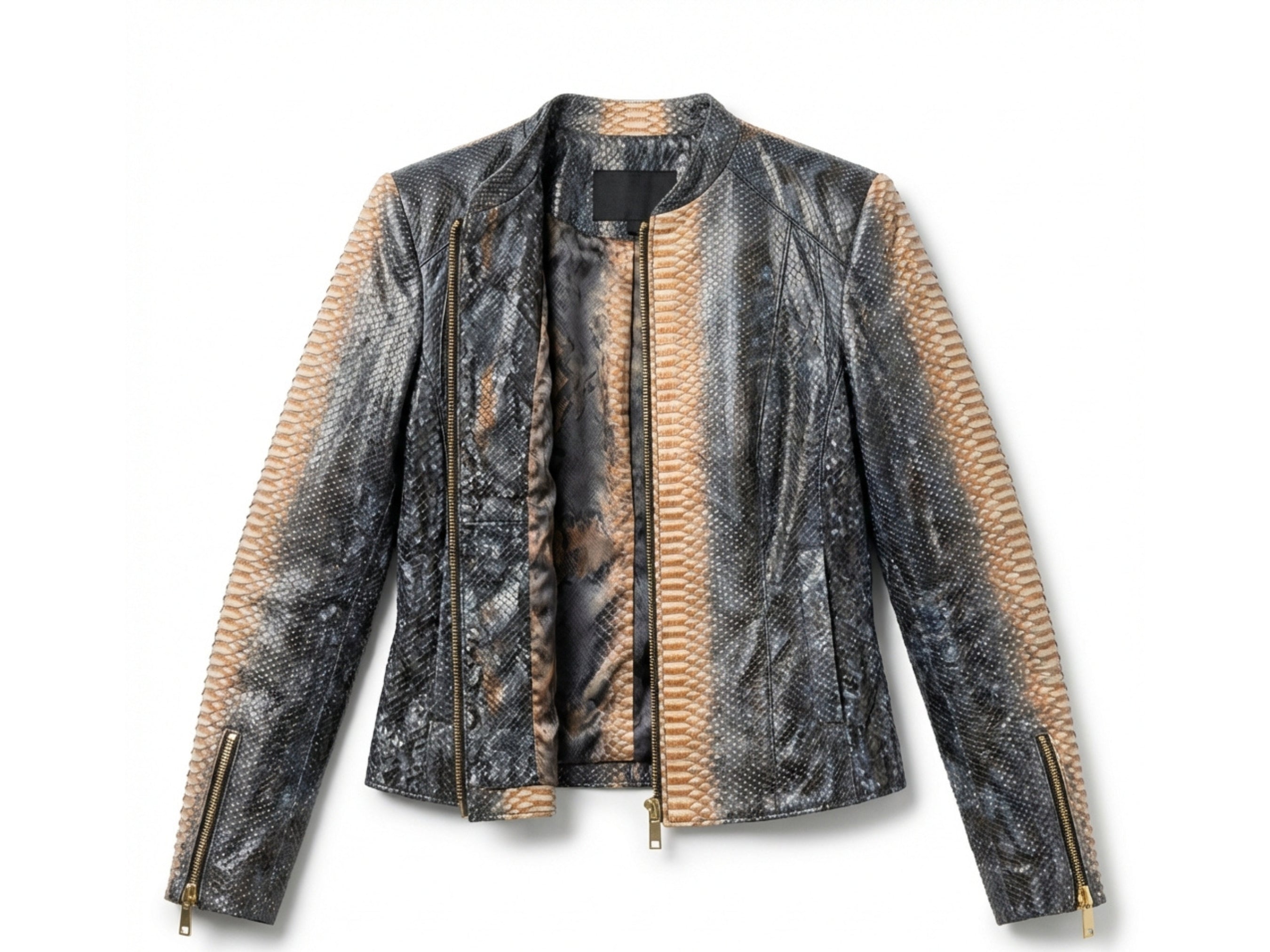 Charcoal snakeskin-effect cropped jacket with zip front and long sleeves