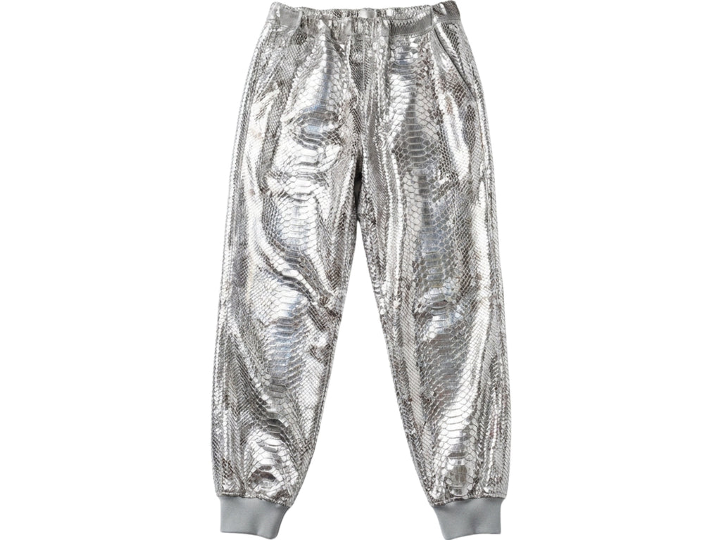 Silver metallic python-pattern jogger pants with elastic waistband and cuffs