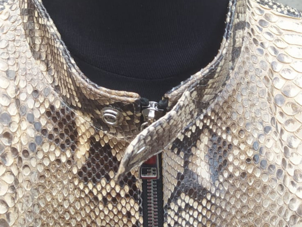 Python leather jacket neckline with snap placket and silver-tone zipper